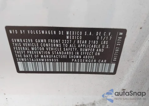 2017 Volkswagen Jetta 1.8T Sport z USA, uszkodzony, nr VIN 3VWD17AJXHM309835